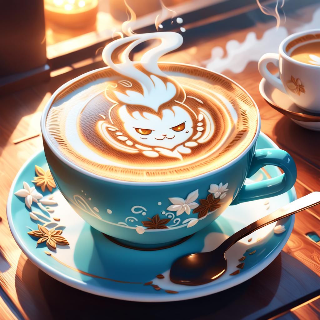 Steaming Latte with Intricate 3D Anime Art