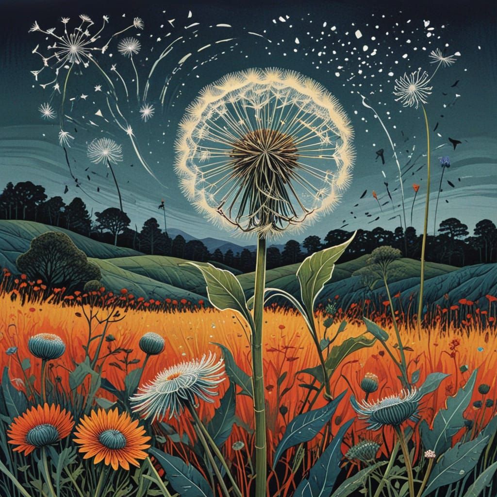 Whimsical Dandelion Linoprint in Folk Art Style