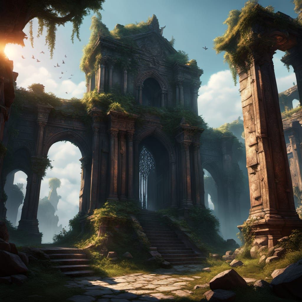 Ethereal Fantasy Goddess Amidst Ancient Ruins