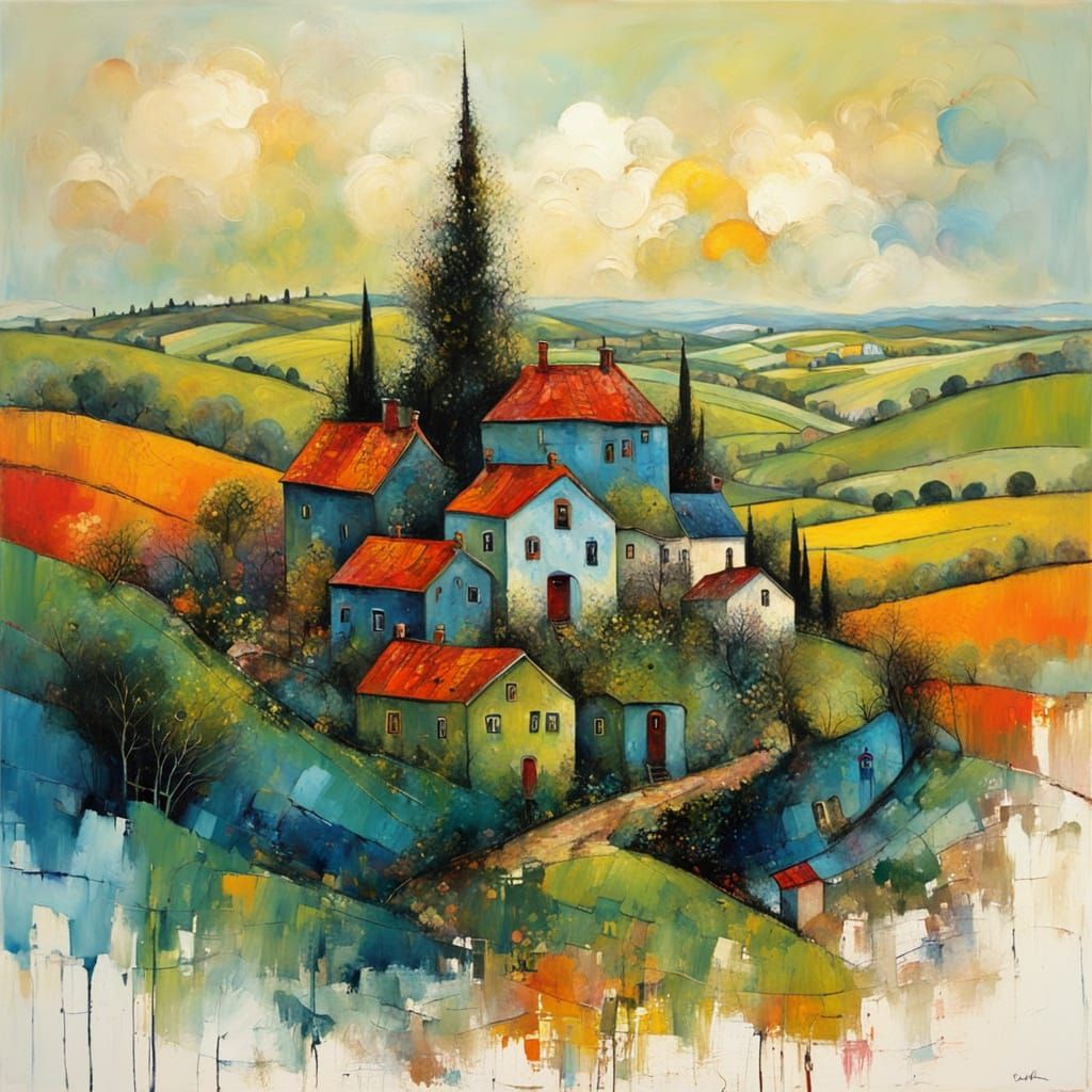Fantastical Village in Vibrant Encaustic Painting Style