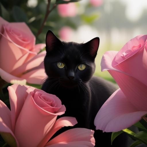 Black Kitten Sniffs a Dewy Pink Rose