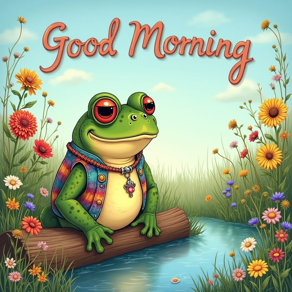 Whimsical Bullfrog in Floral Landscape, Vintage Illustration