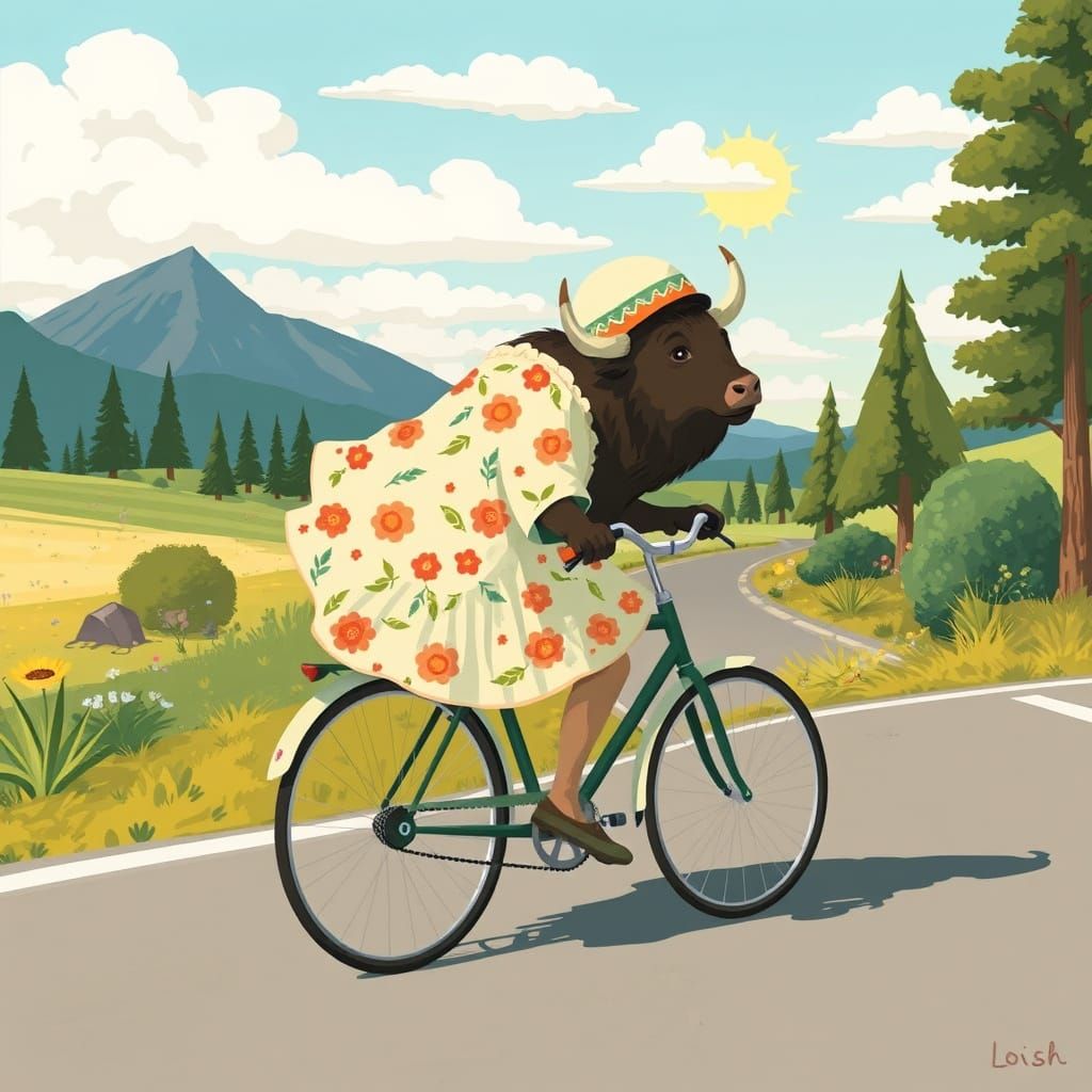 Buffalo Rides Bicycle in Whimsical Surrealist Style