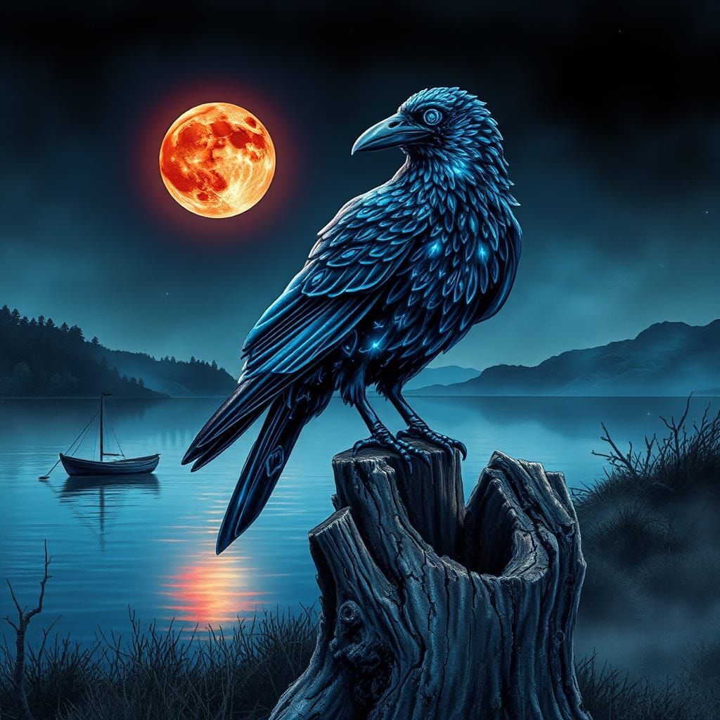 Bioluminescent Glass Raven Watercolor Under Blood Moon
