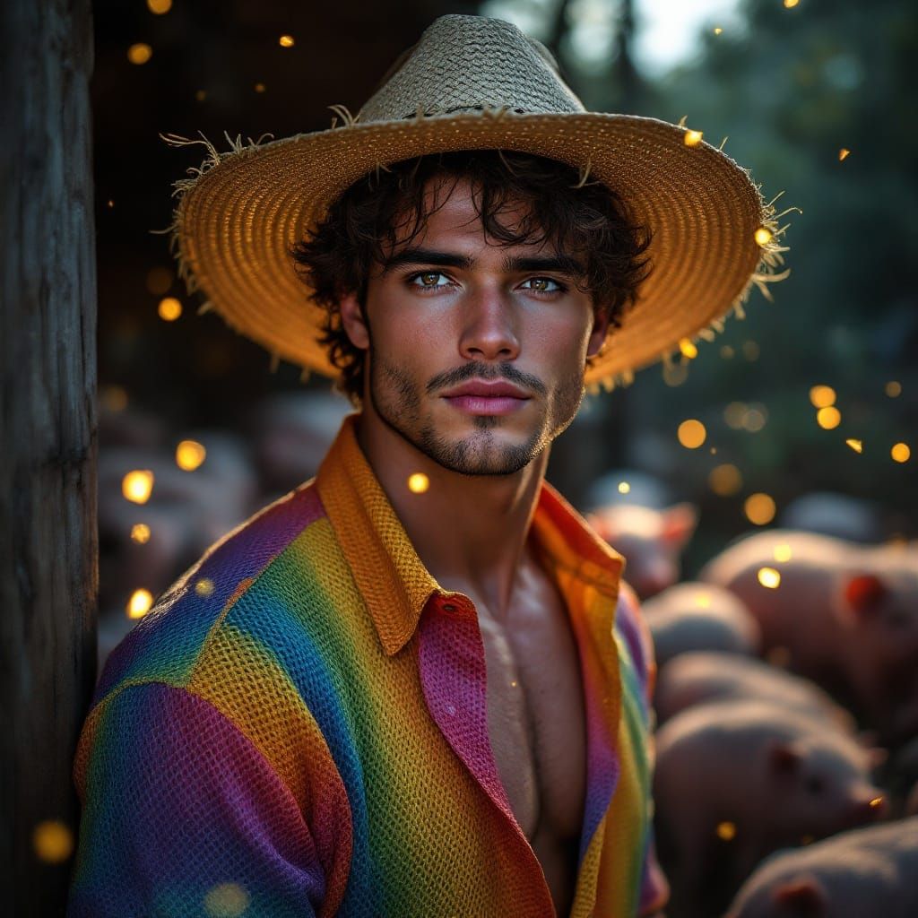 Muscular Model Surrounded by Adorable Piglets in a Magical F...