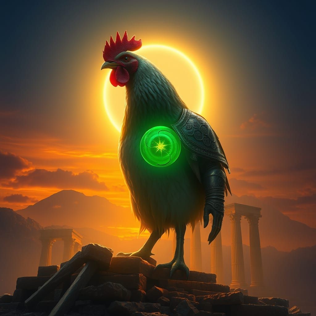 Cyclopean Chicken Hybrid Reigns Over Ancient Temple Ruin
