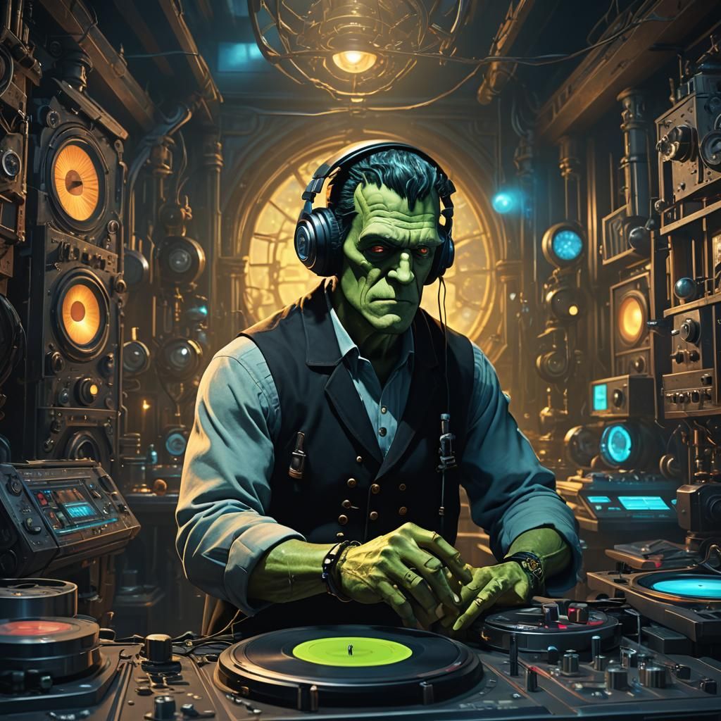 Frankenstein DJ in Ornate Laboratory: Oil Painting