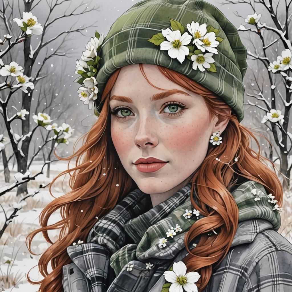 Redhead with Paper Earrings in Impressionist Winter Scene