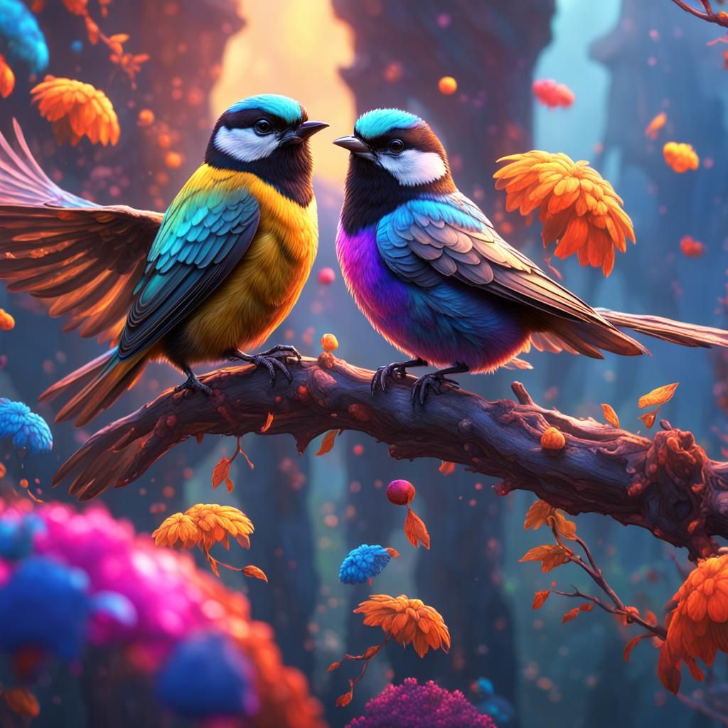 Vibrant Chickadees in Flight: Fantasy Concept Art