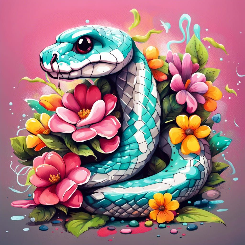 Cute Snake with Flower in Graffiti Art Style
