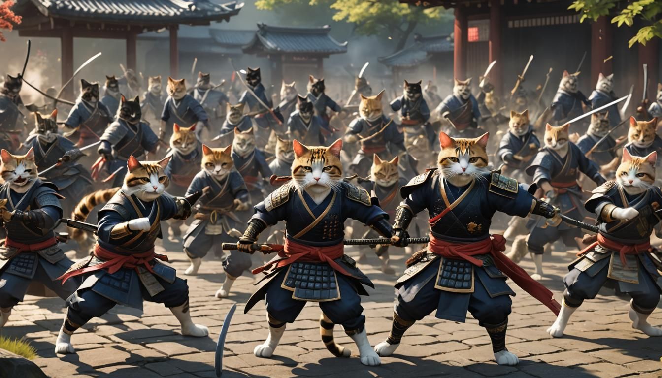 Epic Samurai Cats Battle in Anime Style