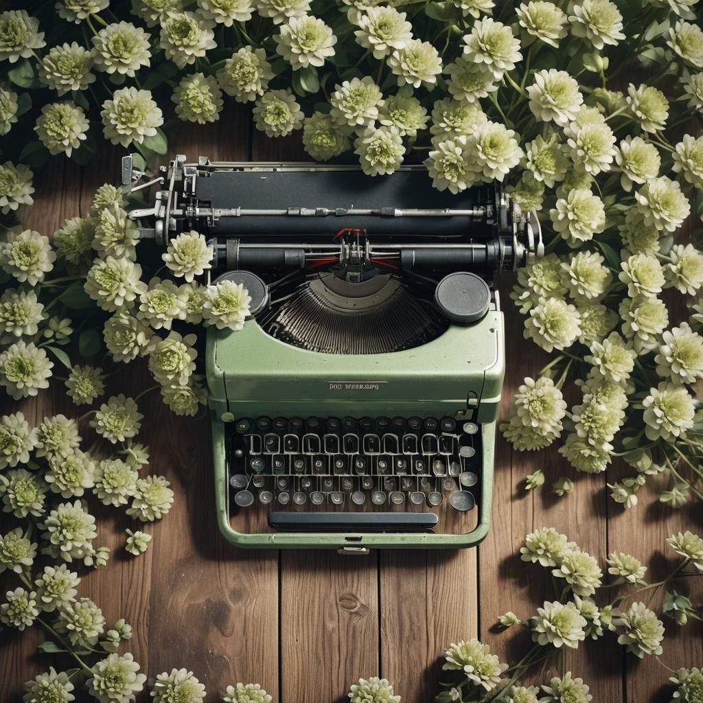 Silver Typewriter with Flowers, Maximalist Digital Art