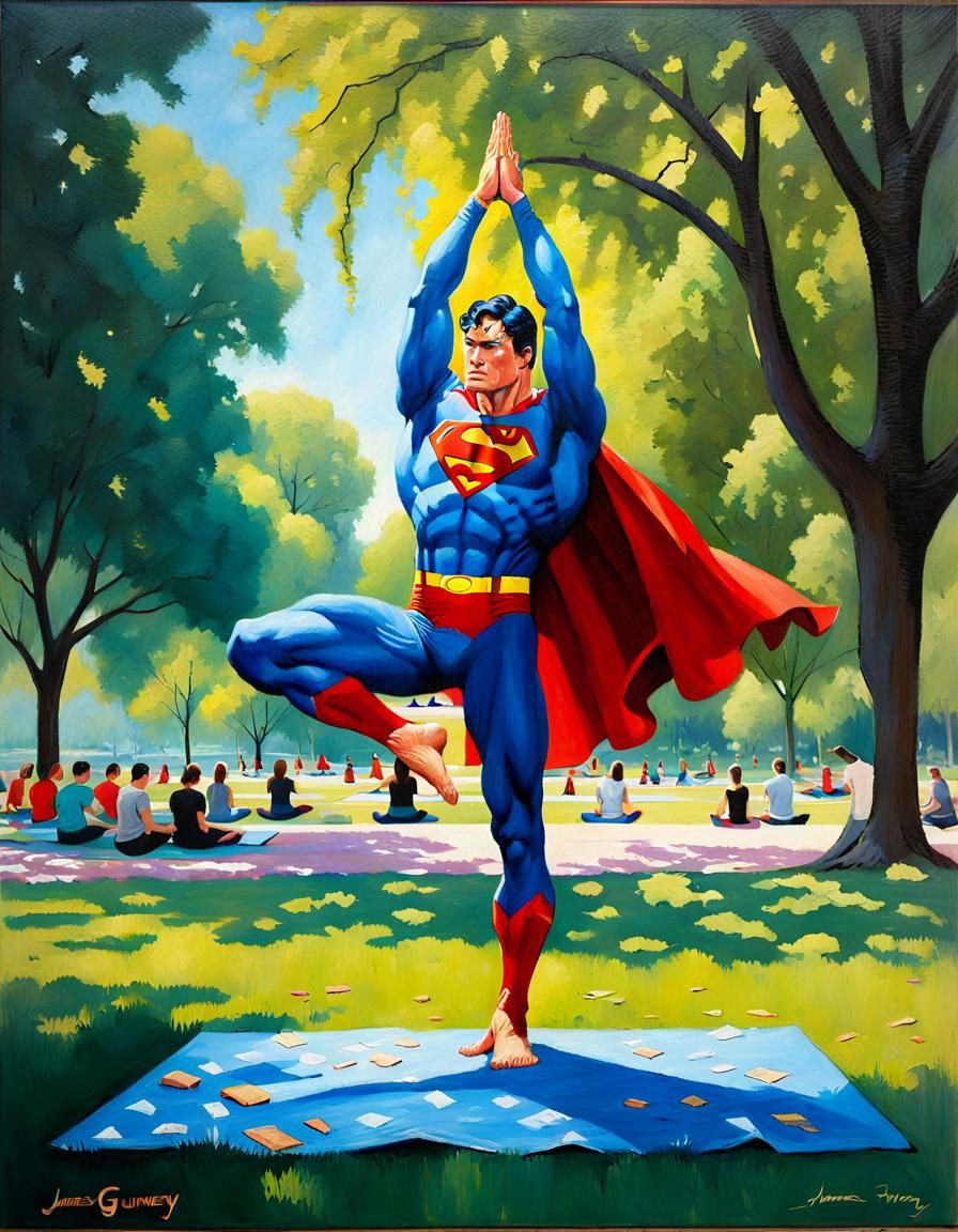 Superman Practicing Yoga: An Oil Painting