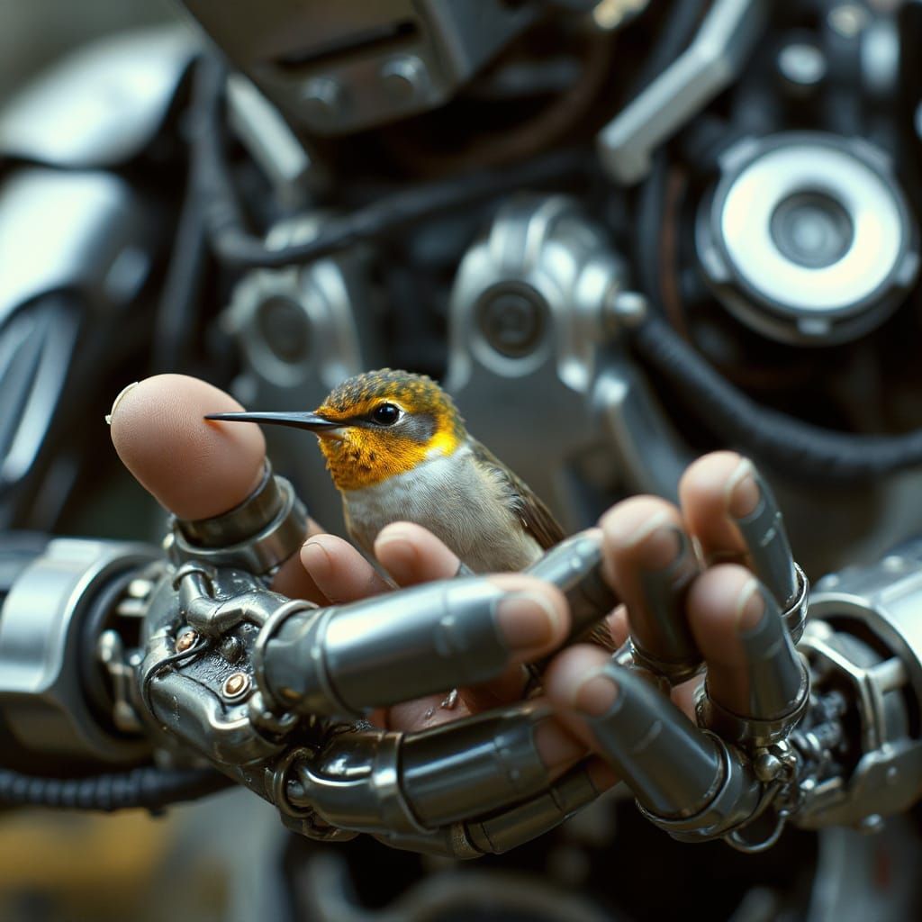 Robot Hand Holding Hummingbird in Photorealistic Detail