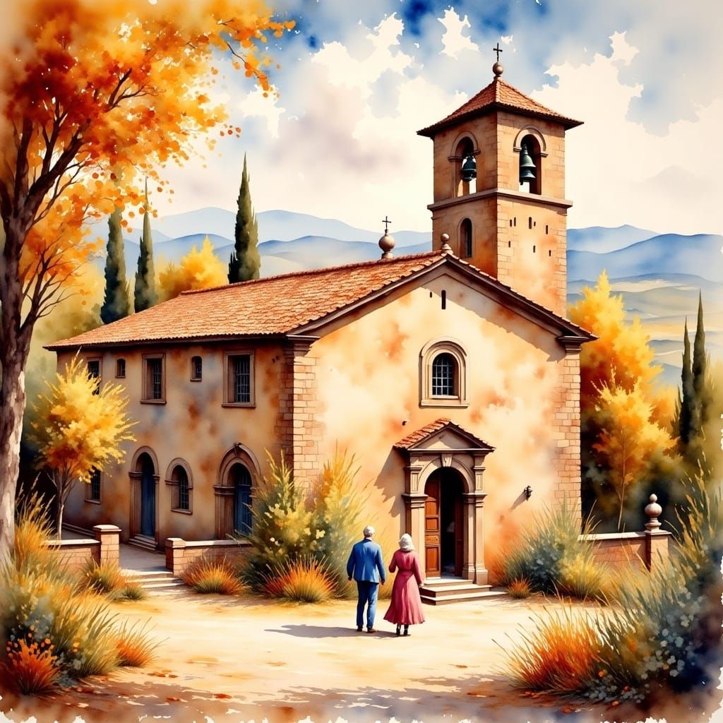 Italian Village Church Tower in Antique Watercolor Style