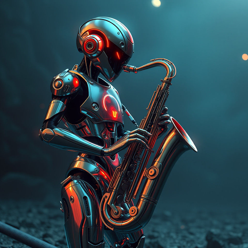 Futuristic Robot Plays Saxophone in Sci-Fi Scene