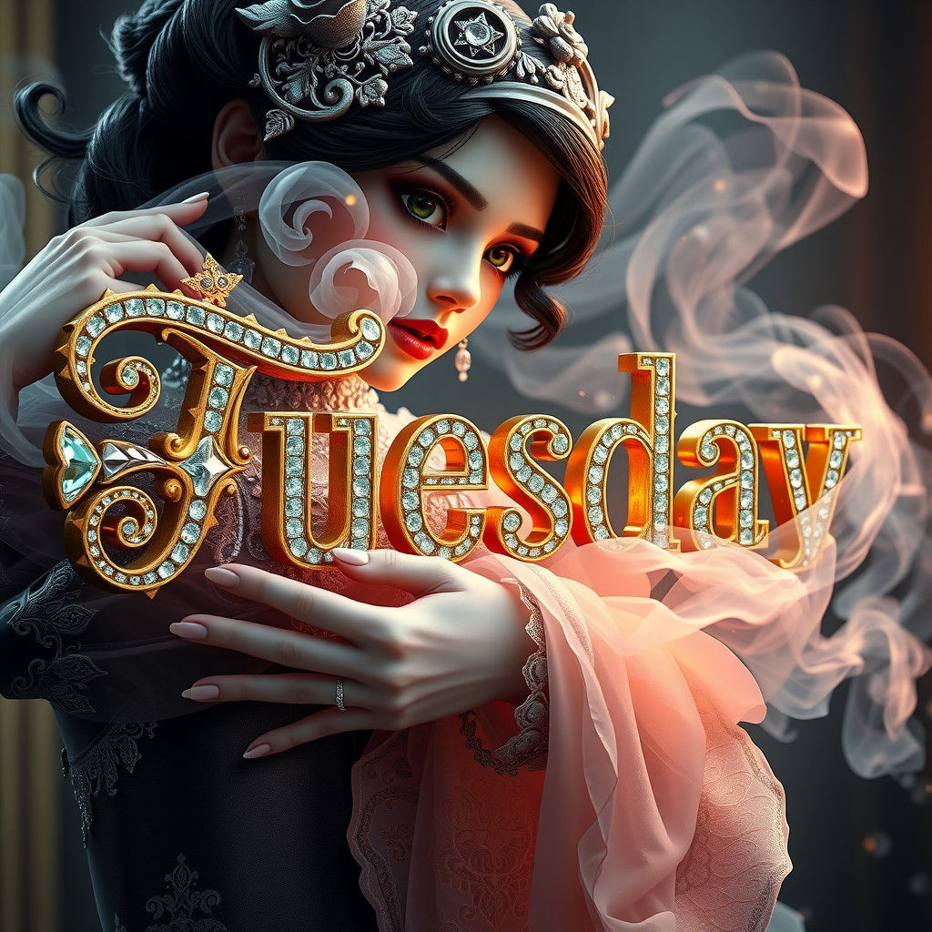 Girl Holds Tuesday Text in Ornate 3D Rendering