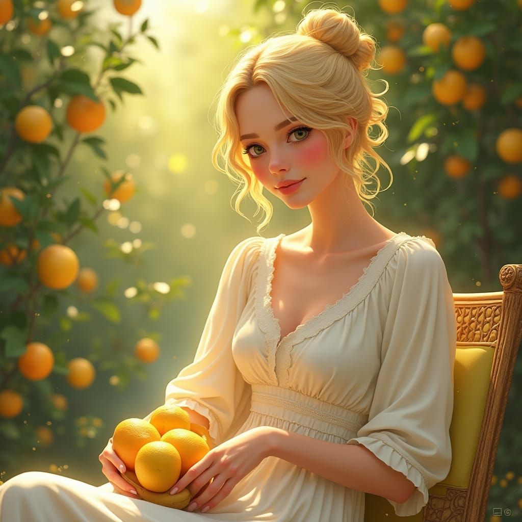 Blonde Woman in Garden, Art Nouveau Style