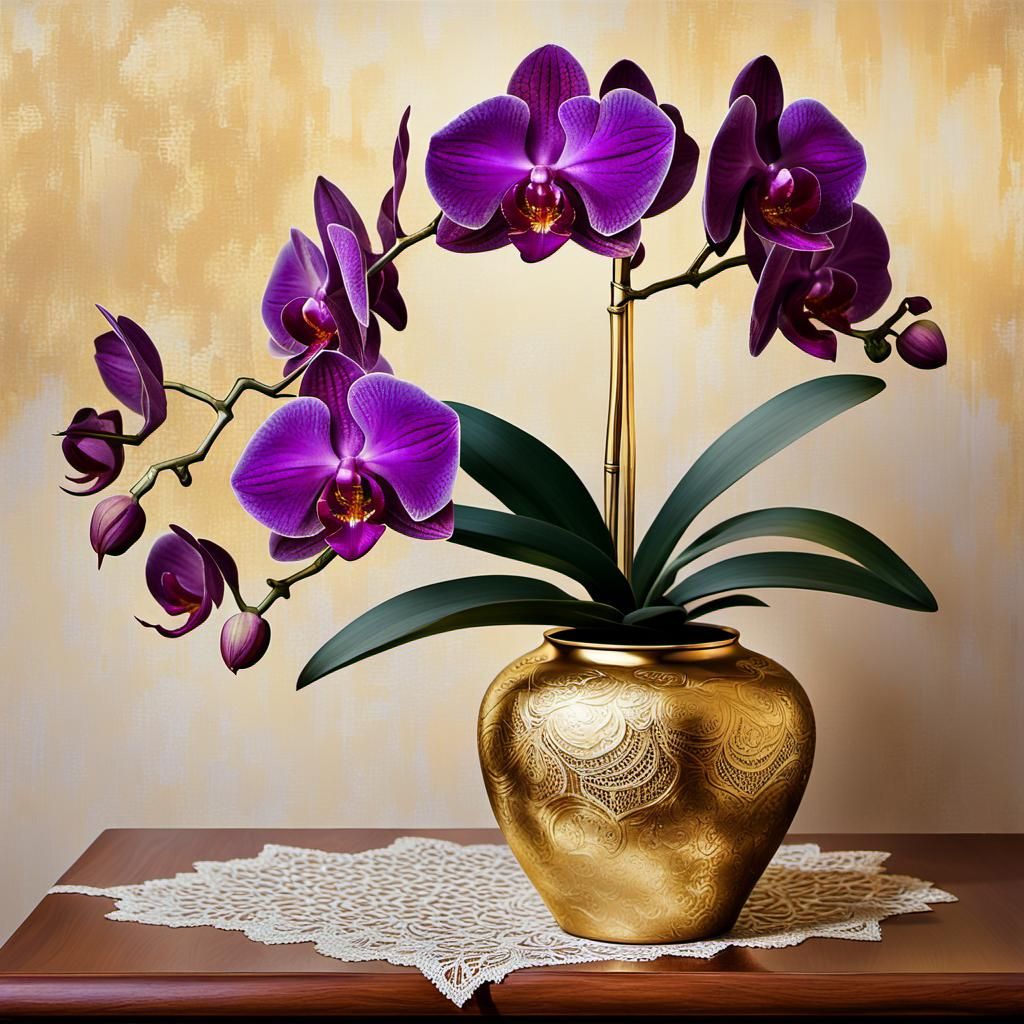 Purple Orchid Still Life in Impressionist Style