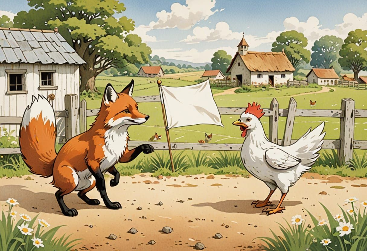 Fox and Hen Make Peace in Farmyard Children's Book Art
