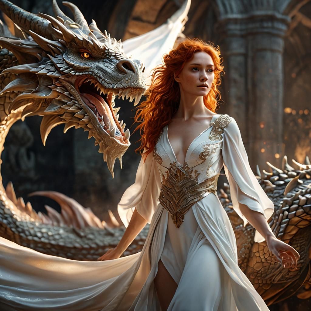 Ginger Haired Girl Rides Dragon in High Fantasy Portrait