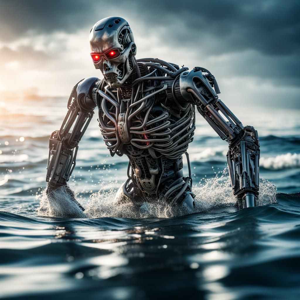 Terminator Swimming: Hyperrealistic Ocean Scene