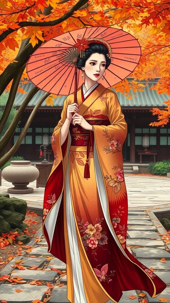 Fall Festival Geisha in Autumn Zen Garden