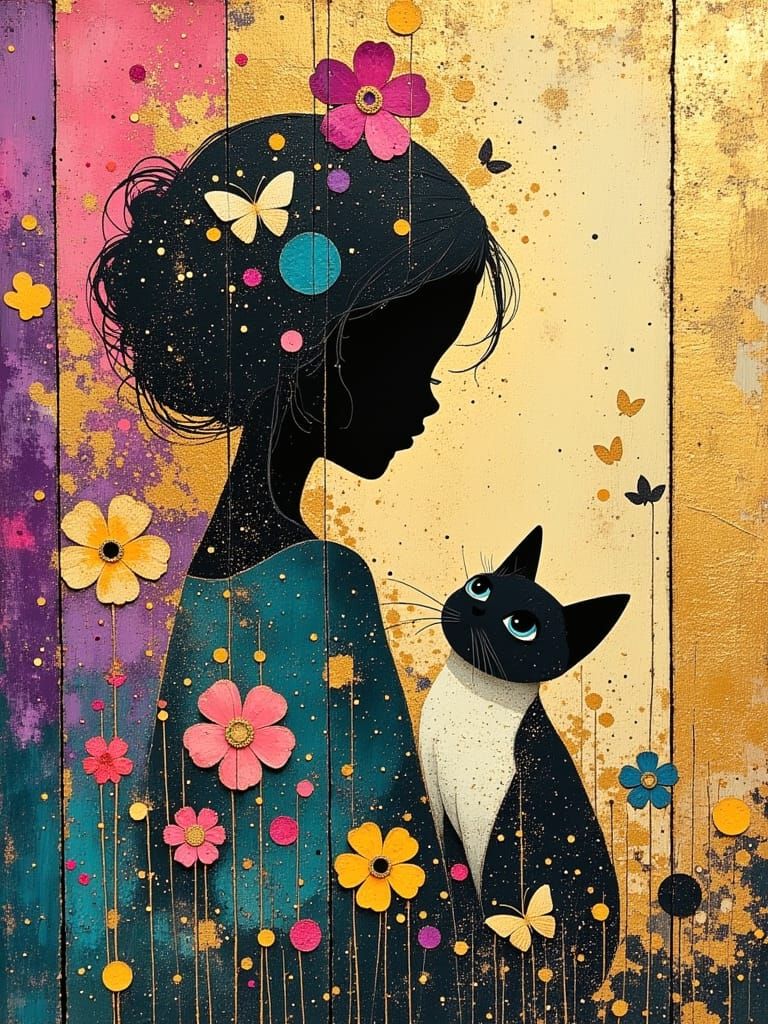 Girl, Cat and Golden Butterflies as Oil Painting