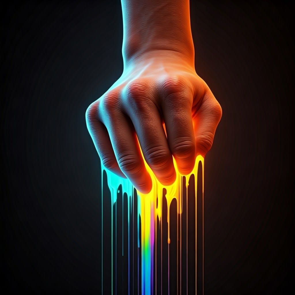 Neon Paint Drips from Hand in Hyperrealistic Style