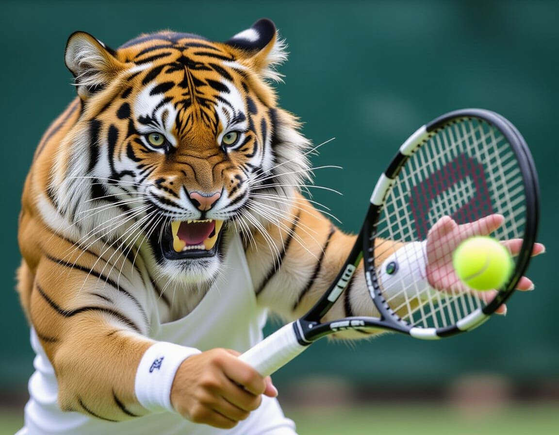 Human-like Tigress Playing Tennis Close-up