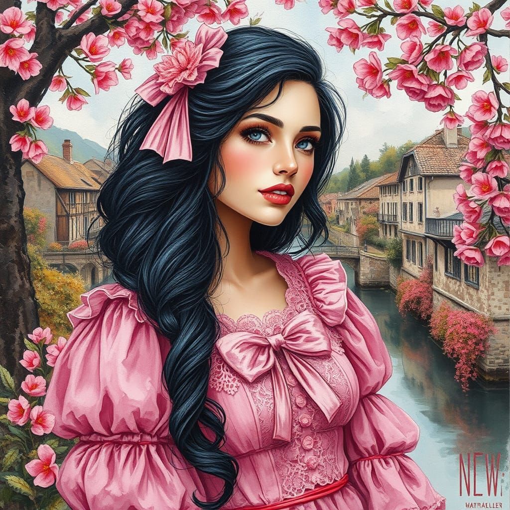 a stunning woman, black+ pink  hair, pink clothes, boho styl...