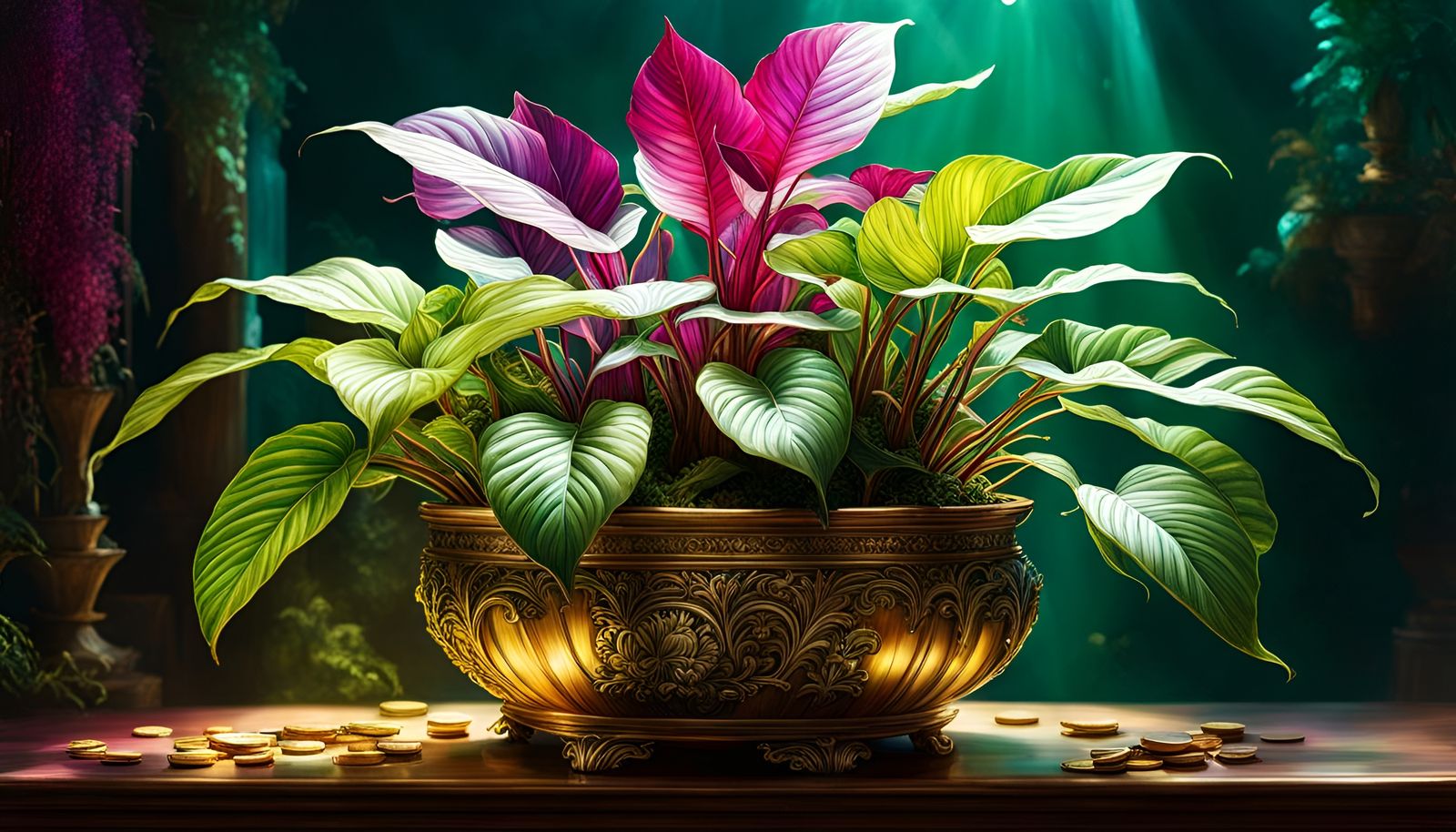 Magical Houseplant Dropping Gold Coins: Digital Illustration