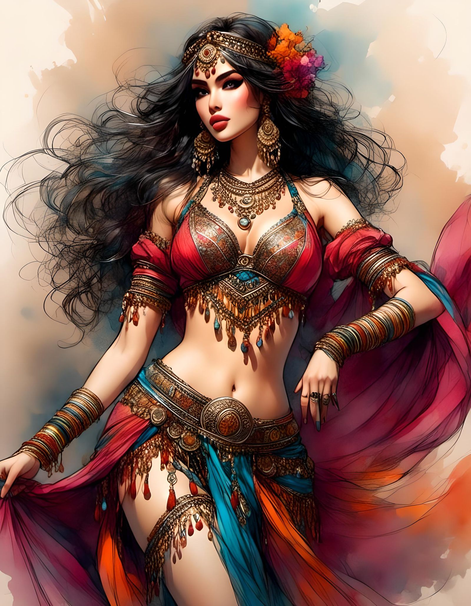 Anime Sketch of Curvy Belly Dancer