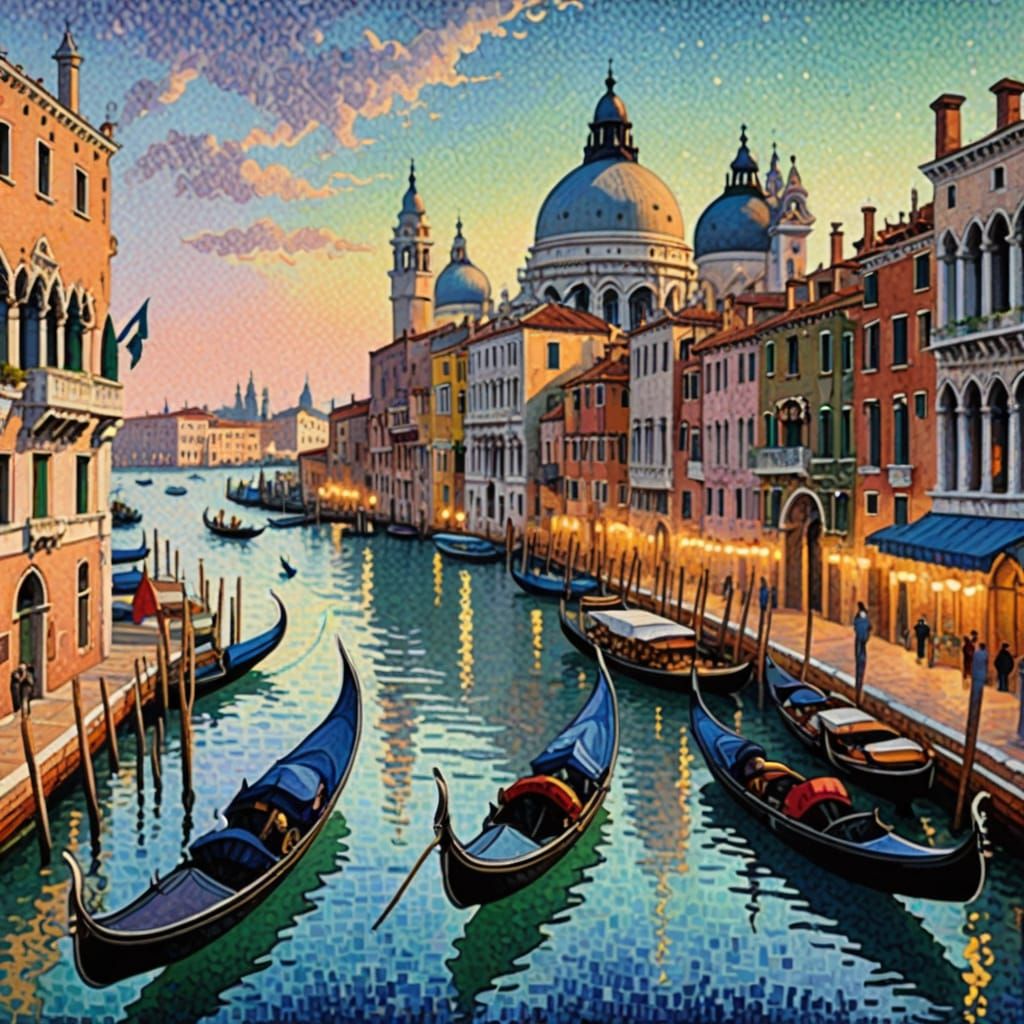 Venice Gondolas Pointillism Painting with Basilica