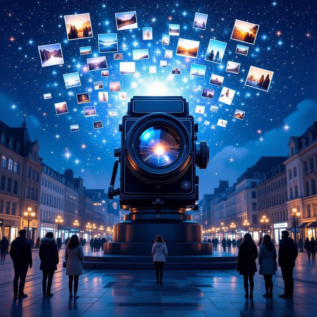 Vintage Camera Monument Projecting Memories at Night