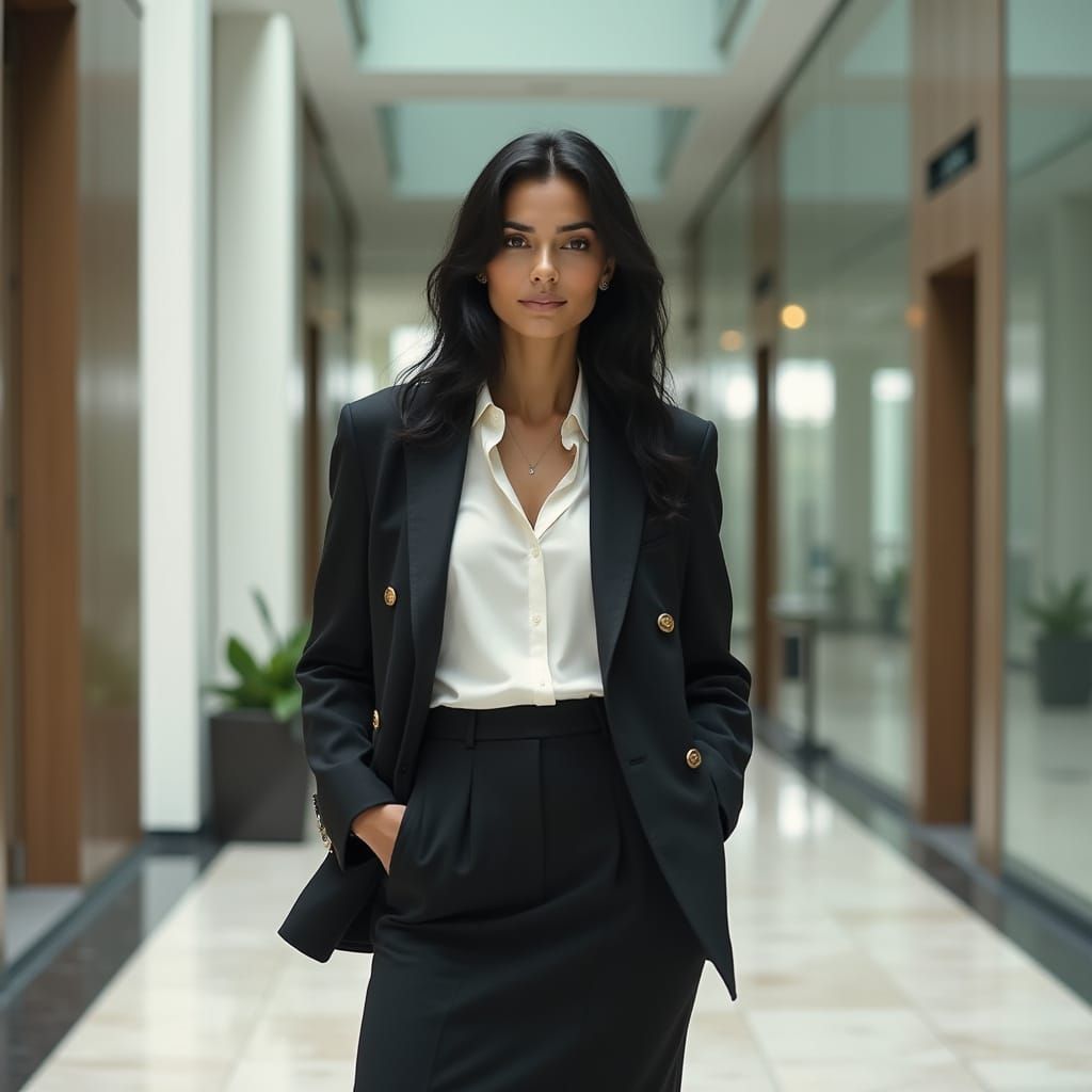 Professional Woman in Modern Office Lobby, Hyperrealistic St...