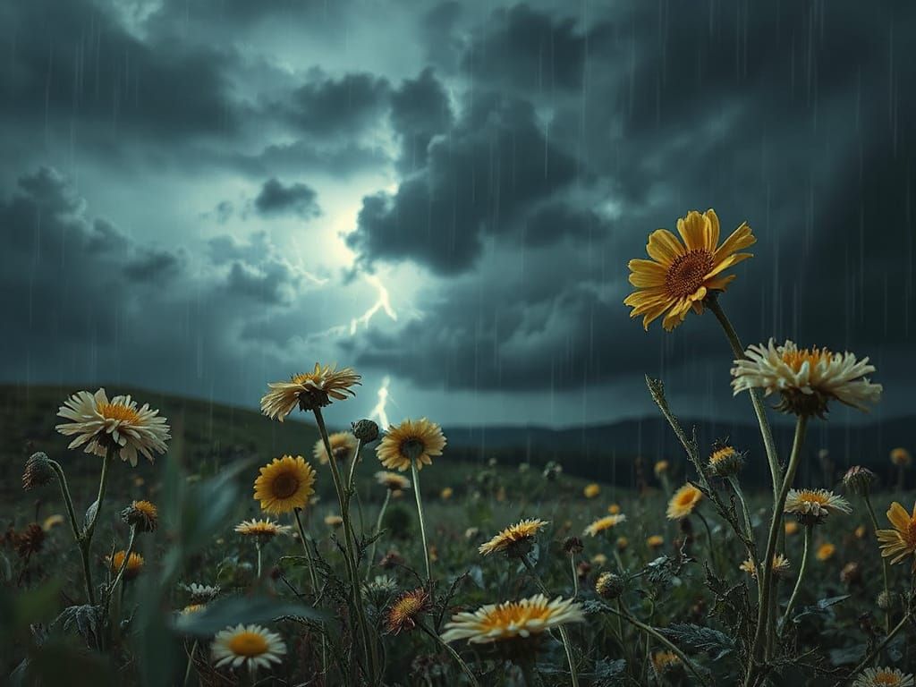 Mystical Wildflowers Swaying in Summer Rain