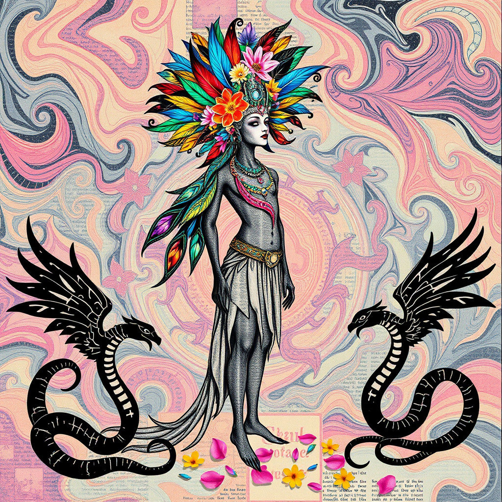 Quetzalcoatl in Surrealist Dreamscape with Geometric Serpent...