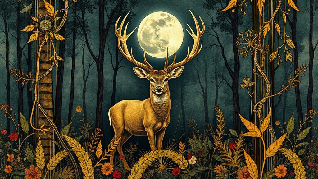 Majestic Stag in Surrealist Woodland Scene