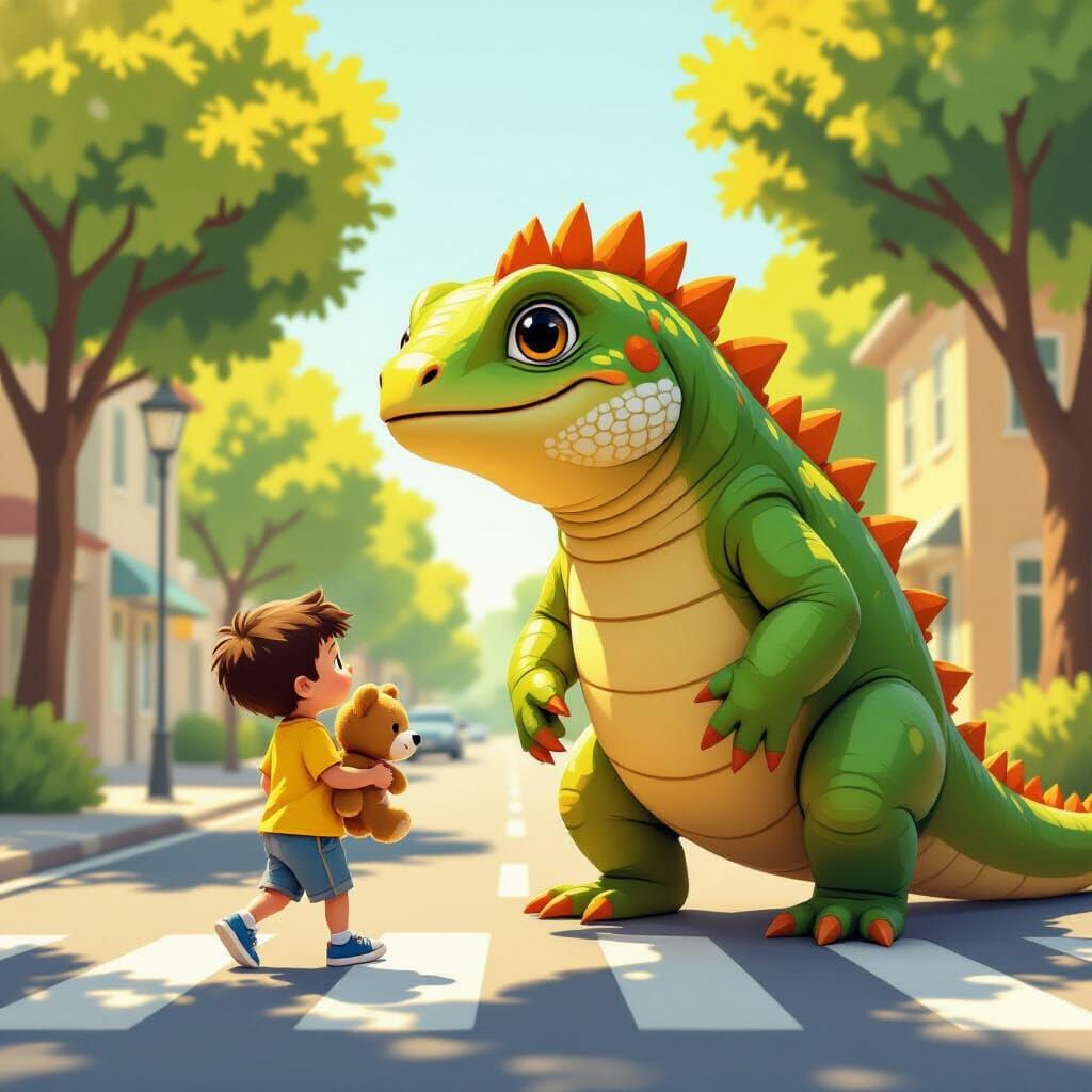Boy and Gentle Giant Lizard Crossing Road