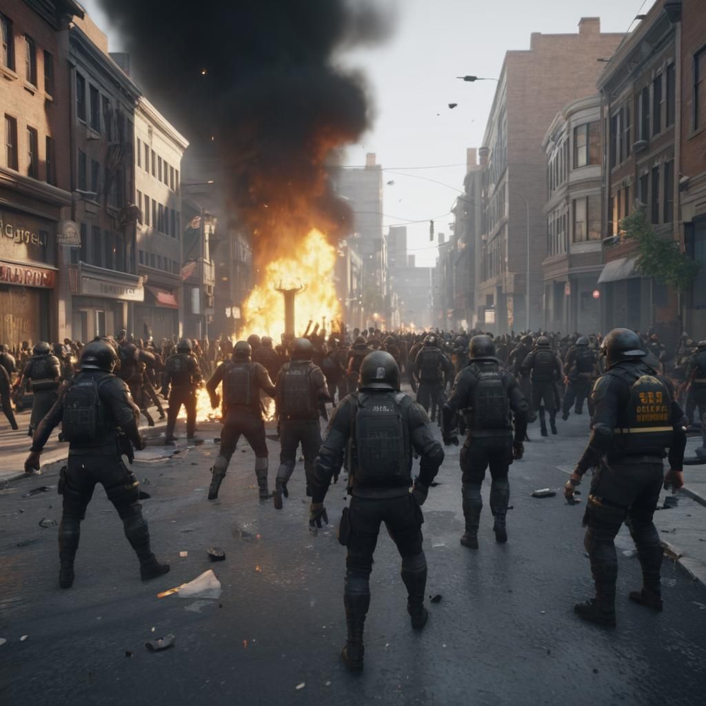 Bell Riots Street Scene in Cinematic Realism