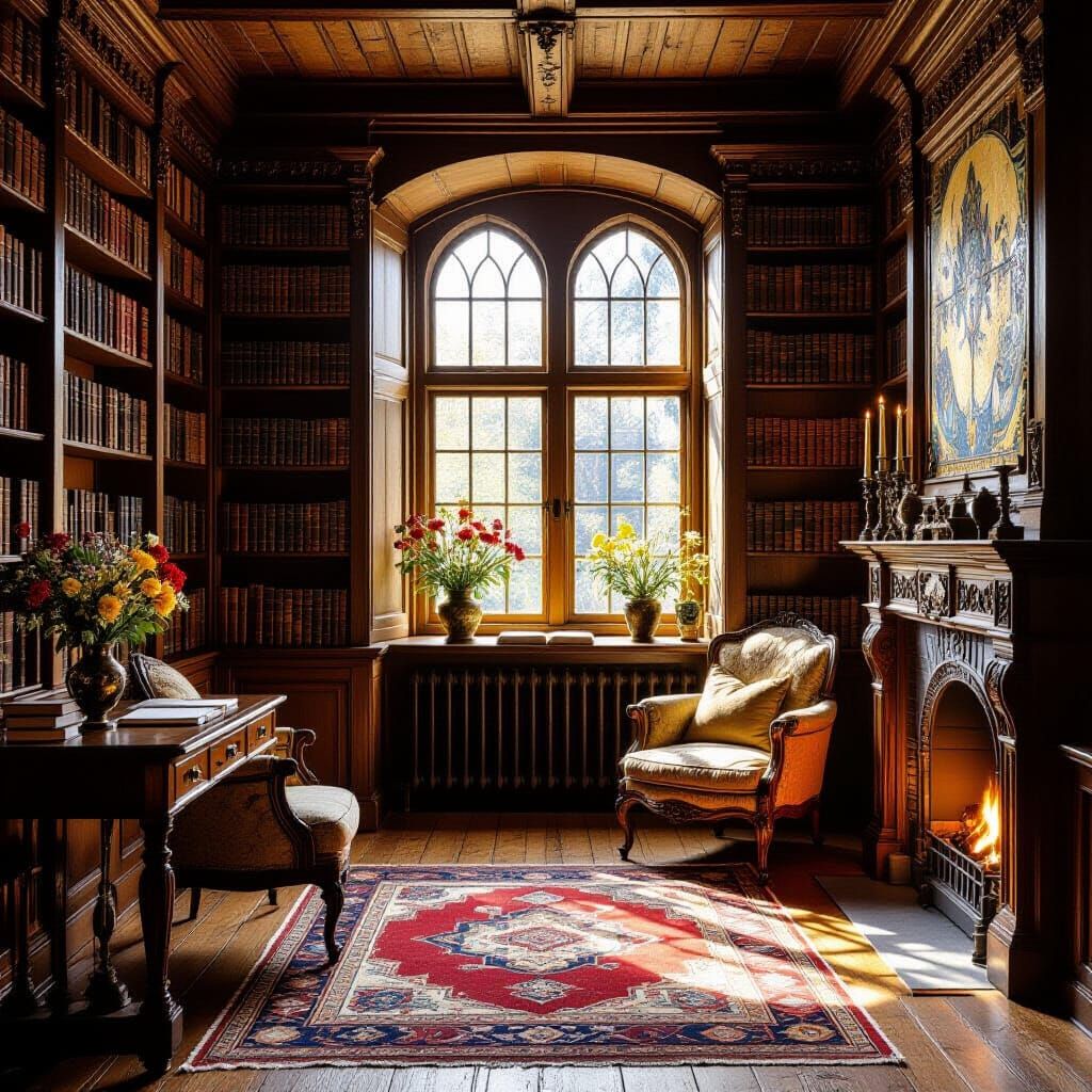 Cozy Medieval Library in Art Nouveau Style