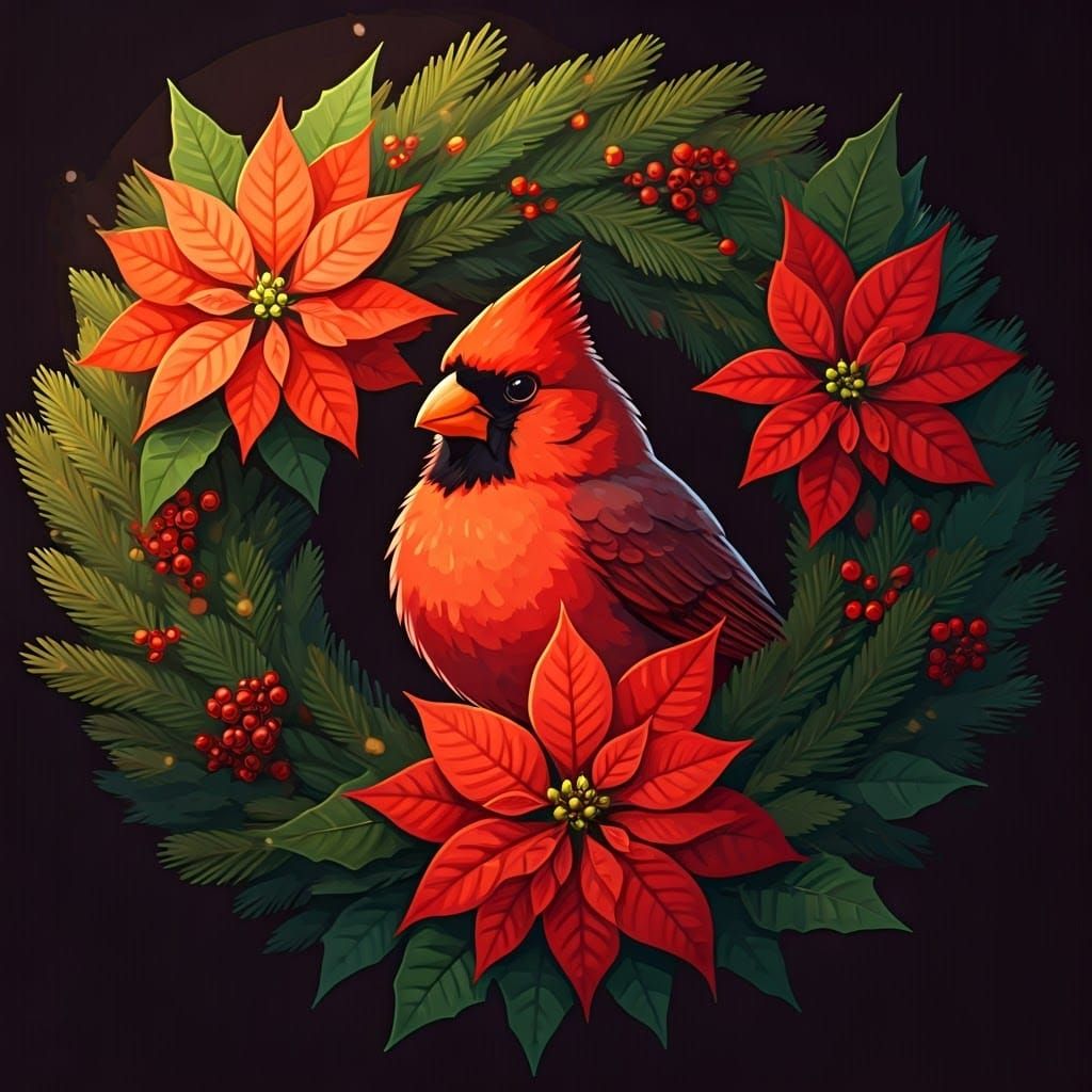 Red Cardinal in Poinsettia Wreath with Manga-Inspired Style