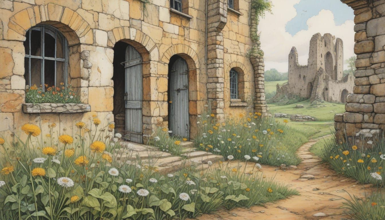 Medieval Ruins Bloom with Dandelions in Whimsical Art
