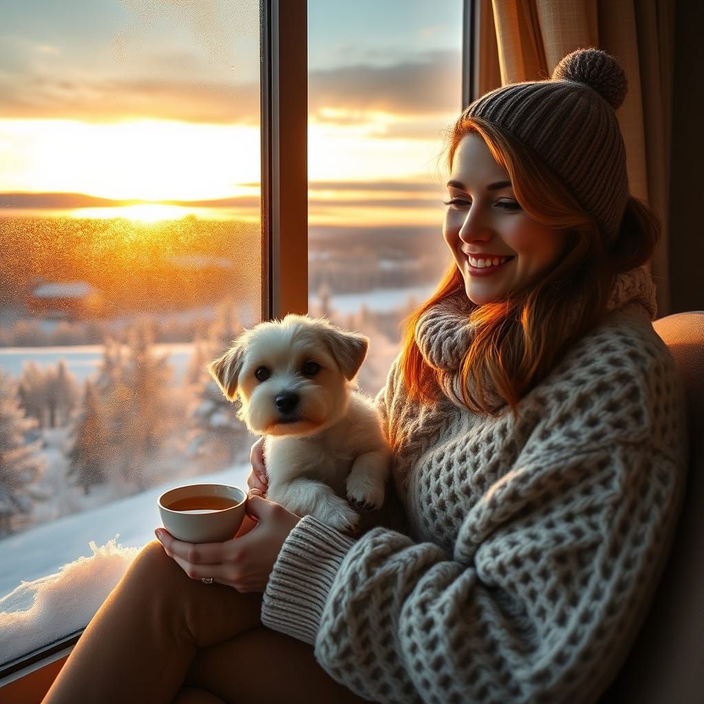 Serene Woman Sits with Dog and Tea by Frosty Window in Winte...