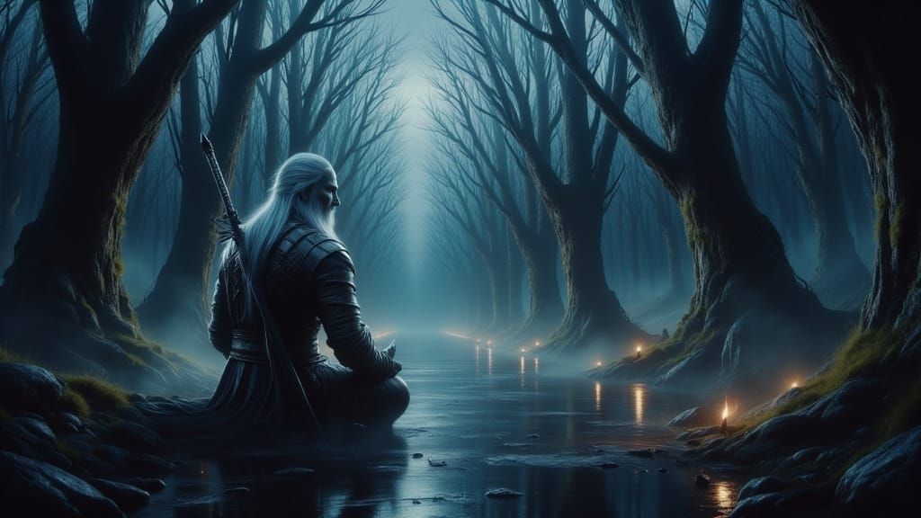 Geralt Meditates in Mystical Forest, Fantasy Concept Art