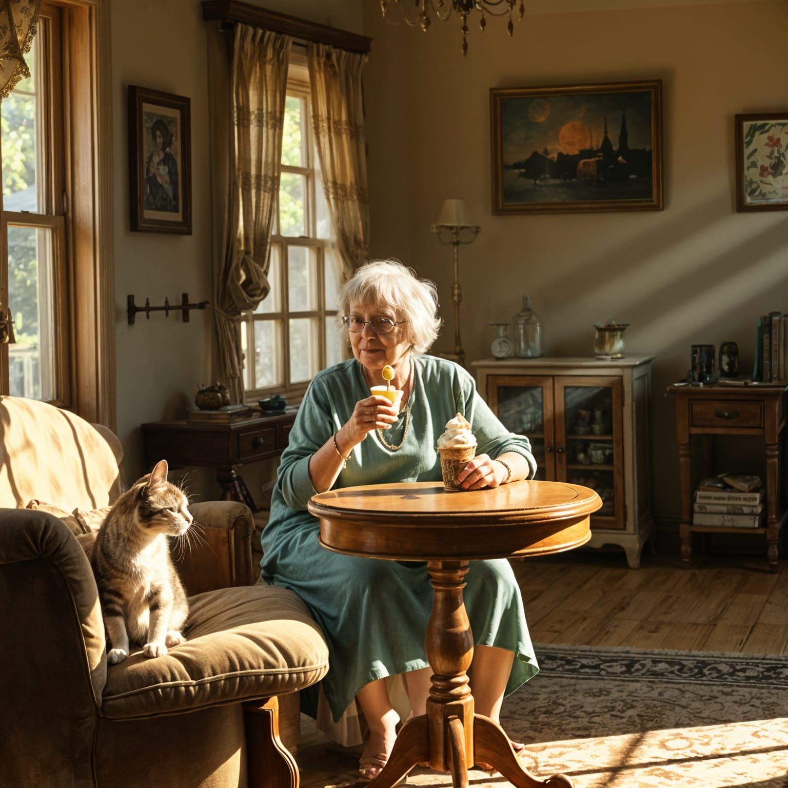 Grandmother Enjoys Ice Cream in Dusty Living Room