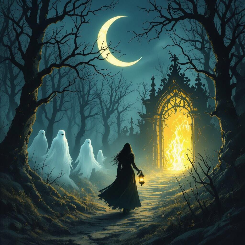 Witch Guided by Spirits in Haunted Forest