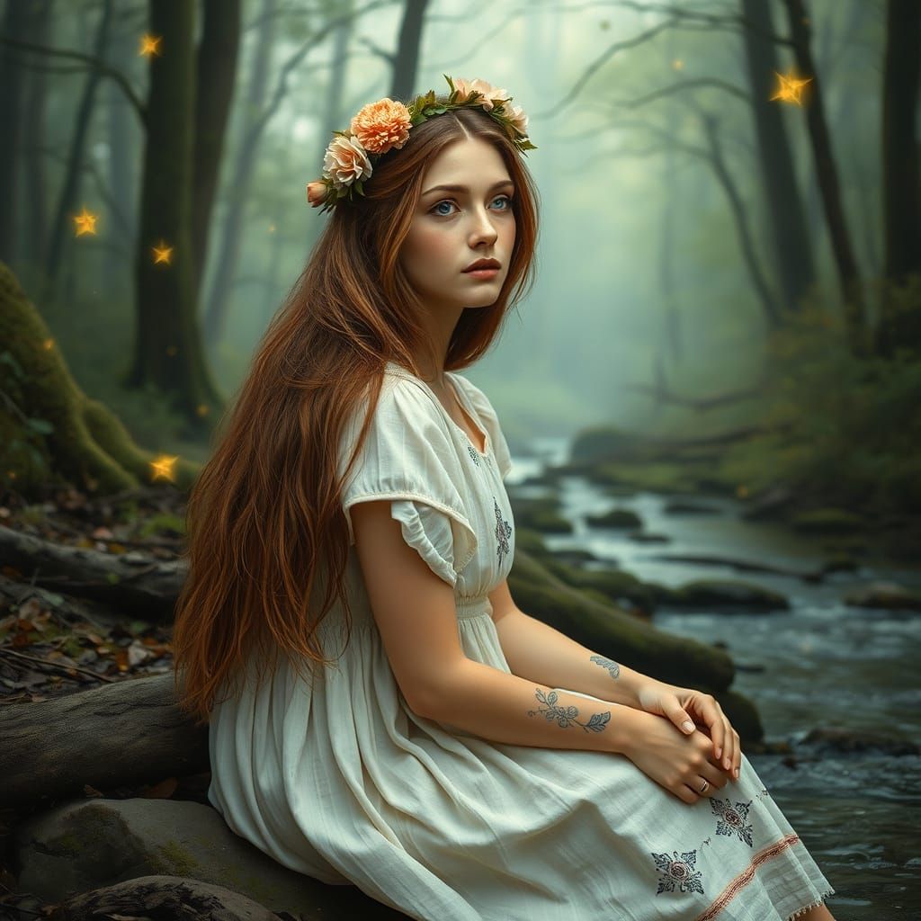 Slavic Woman with Flower Crown by Forest Stream