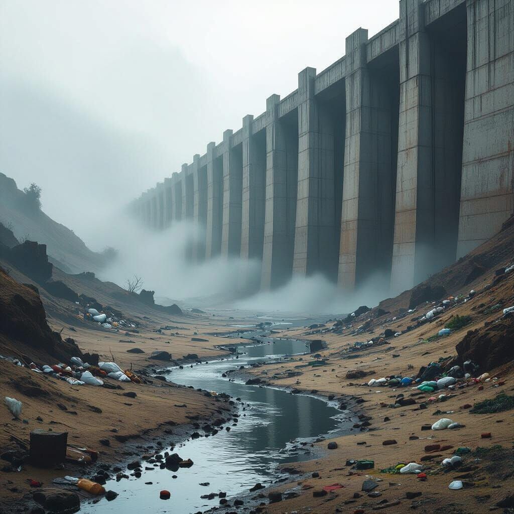 Brutalist Dam Vanishing into Fog: Comic Book Style